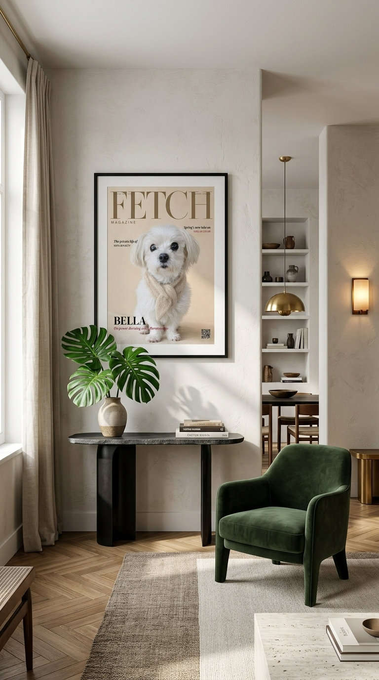 Max's Fetch cover shown in a luxury editorial room